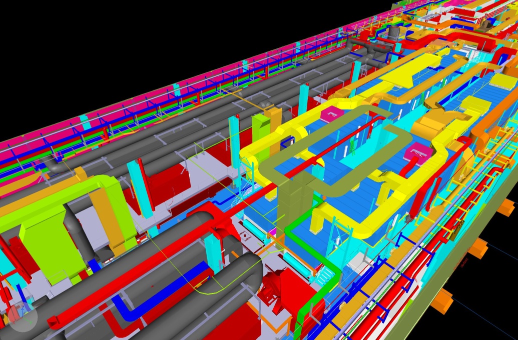 Dreidimensionales CAD-Modell mit koordinierten Leitungen der technischen Gebäudeausrüstung